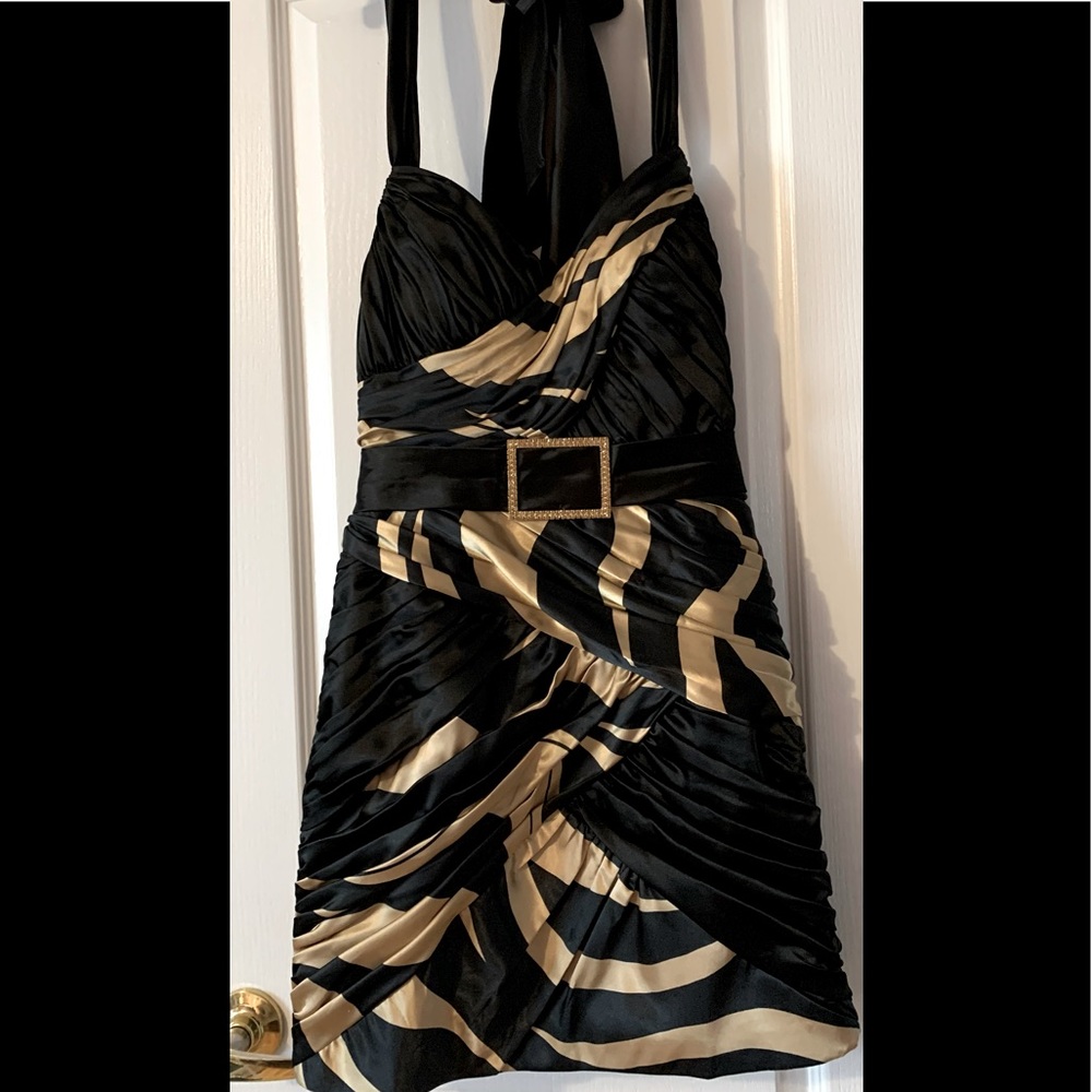 Halter neck black and gold mini dress